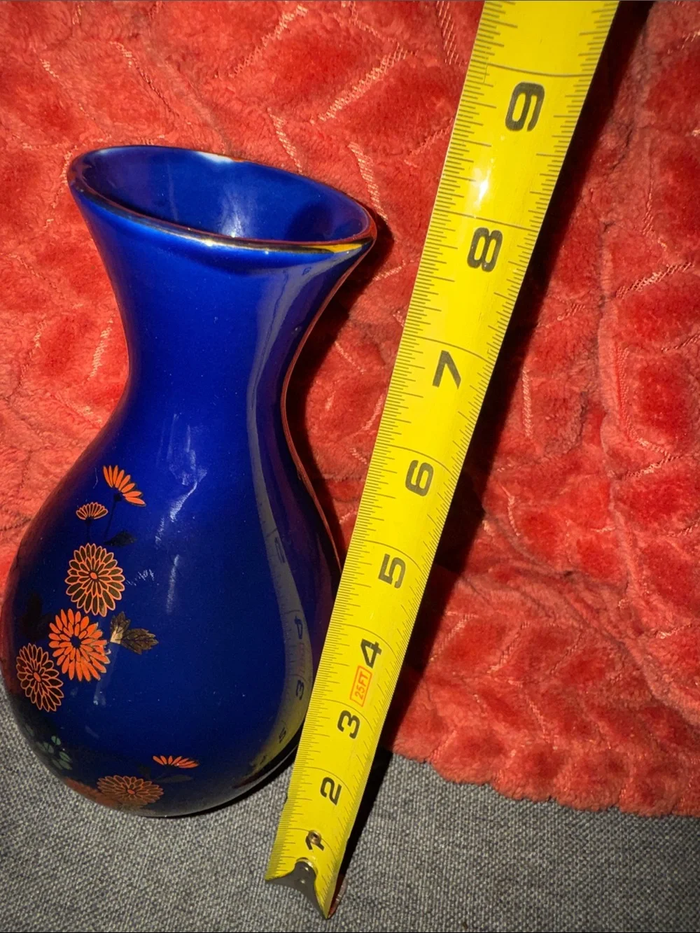 Vintage Cobalt Blue Ceramic Bud Vase with Gold Trim & Chrysanthemum Floral Motif